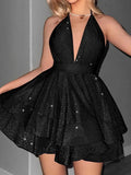 Daiiibabyyy  Women Elegant Bright Glitter Slim Mini A-line Dress Fashion Ruffled Hollow Short Dress Sexy Deep V-neck Halter Club Party Dress