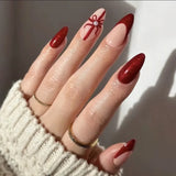 Daiiibabyyy  24PCS Christmas Gift False Nails Red Green Bow Ring Patterns French Fake Nails for Women Sweet Winter Almond Press on Nails Tips