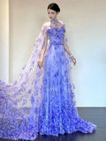 Daiiibabyyy  Luxury Long Dresses for Party Women Lace A-line Homecoming Evening Dress Blue Applique Sequined with Shawl Prom Dress