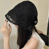 Daiiibabyyy  Korean French Lace Jacquard Strap Sun Hat Spring and Summer Thin Breathable Mesh Vacation Sunshade Pullover Beanie Cap for Women