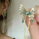 Daiiibabyyy  New Chinese Style Vintage Green Butterfly Tassel Earrings Fashion Design Temperament Female Earrings Ring Bracelet Jewelry Set