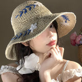 Daiiibabyyy  New Summer Style Flower Patterned Straw Hat Featuring Sunshade Sun Protection Fisherman's Hat French Seaside Beach Vacation Hat