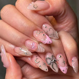 Daiiibabyyy  White Glitter Powder Bowknot Long Pointed Fake Nails Art Ballet False Nail Cow Print Pearl Rhinestone Pink Almond Press on Nails