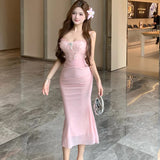 DAIIIBABYYY  -  Women Pink Mesh Patchwork Jacquard Diamonds Sling Long Dress Summer Elegant Casual Holiday Dress 2025 Korean Bodycon Party Dress