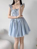 DAIIIBABYYY  -  Sweet French Blue Dress Women Elegant Lace Patchwork Retro Sexy Mini Dress Casual Square Collar Flying Sleeve Vestidos New