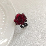 Daiiibabyyy  Retro Goth Style Red Rose Opening Rings for Women Punk Personality Crystal Flower Hollow Finger Ring Hip Hop Rock Party Jewelry