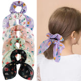 Daiiibabyyy  Vintage Flower Print Hair Band Satin Long Ribbon Scrunchie for Women Solid Color Elastic Bands Ponytail Tie Hair Scarf Headwear