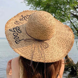 Daiiibabyyy  Straw Hat Women's Embroidered Letters Oversized Brim Straw Hat Female Summer Outdoor Show Face Small Beach Sunscreen Sun Hat