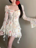 DAIIIBABYYY  -  Women's Fairy Dress New French Square Collar Long Sleeve Sweet Floral Print Dresses Fashion Ruffled Beach Vocation A-Line Frock