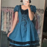 DAIIIBABYYY  -  Fashion Square Collar Age Reduction Puff Sleeve Summer New Clothes Vintage Plaid Preppy Style Sweet Bow Lace Ladies Dresses