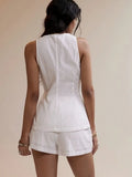 Daiiibabyyy  2 Pieces Set For Woman Shorts Sleeveless Vest Summer Short Pants High Waist Linen Look Capris Two Piece Set Cropped Pants
