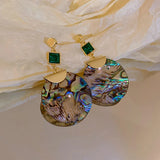 Daiiibabyyy  Green Zircon Shell Drop Earrings for Women Mom Retro Emerald Exaggerated Round Birthday Party Luxury Aesthetics Jewelry Gifts
