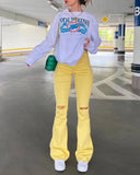 Daiiibabyyy Yellow Ripped Women Flare Jeans Lady Stretch Vintage High Waist Denim Pants Lady Y2K Punk Streetwear Slim Bell Bottom Trousers
