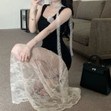Daiiibabyyy  French  flower square neck vest splicing lace dress summer new temperament age-reducing versatile dress