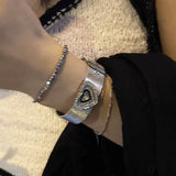 Daiiibabyyy  Y2K Metal Crystal Heart Wide Bracelets for Men Women Punk Silver Color Bracelets Adjustable Wrist Belt Buckle Cuff Bangle Party