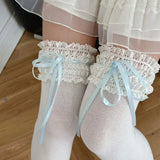 DAIIIBABYYY  -  Sweet Lace Cotton Mid-calf Socks Japanese Lolita Bow Ribbon Lolita Women Short Socks Drawstring JK Cosplay Accessories