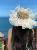 Daiiibabyyy Women Large Brim Summer Breathable Sun Straw Hat Seaside Cover Full Face Sunshade Sunscreen Hat Lace Straw Beach Sun Hat