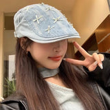 Daiiibabyyy  Korean Bow Rhinestone Decorative Denim Forward Hat Women Spring and Summer Sweet Sunshade Casual Short Brim Flat Top Peaked Cap