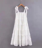 Daiiibabyyy  Holiday White Bow O neck Elastic Body Puff Sleeve Long Dress Women Slim Ruched Waist A-lined Swing Dresses Summer Robe Vestidos