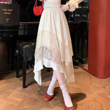 Daiiibabyyy  Irregular Sweet Lace Midi Skirt Women High Waisted Ruffled Pleated Skirt Preppy Style Summer Vacation Beach Tiered Cake Skirt