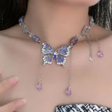Daiiibabyyy  Purple Necklace for Women Crystal Butterfly Tassels Fashion Punk Style Jewelry Sweet Vintage Collares Para Mujer