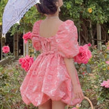 DAIIIBABYYY  -  Pure Desire Sweet and Fresh Summer Lolita Spliced Slash Neck Printing Folds Slim Fashion Elegance Casual Puff Sleeve Dresses