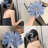 Daiiibabyyy  1 Pcs Ladies' Hair Scrunchies Korean Versatile Blue Plaid Flower Elastic Hair Bands Simple Versatile Hair Accessories For Girl