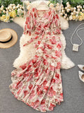 DAIIIBABYYY  -  Bohemian Pink/Blue Floral Print Chiffon 2pcs Set Women Summer Bandage Short Tops + High Waist Mermaid Skirt Female Sets