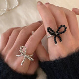 Daiiibabyyy  Bow Glass Bead Ring Fashionable Y2K Sweet Exquisite Transparent Bead Three-Layer Design Ring Daily Party Wedding Jewelry Gifts