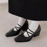 Daiiibabyyy  Spring Autumn Women's Shoes Bow Square Toe Elegant High Heels Ladies Shallow Black Chunky Heel Mary Jane Shoes Woman Pumps