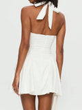 Daiiibabyyy  Women's White Halter Neck Pleated Mini Dress For Summer Street Beach Party