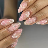 Daiiibabyyy  24Pcs 3D Bow Strawberry False Nails Art Mid-length Almond Full Cover Nails Tips Pink Smudge Pearl Detachable Press on Fake Nails