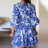 Daiiibabyyy  Casual Summer Flare Sleeve Lace Up Commuting Dress Bohemian High Waist Beach Women's Dress Blue Print V Neck Button Loose Dress