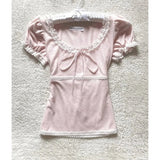 DAIIIBABYYY  -  Kawaii Pink T Shirt Women Japanese Cute Bow Lace Up Tops Summer Y2K Korean Fashion Lace Patchwork Puff Short Sleeve Tees
