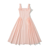 Daiiibabyyy  Sexy Pink Elastic Strap Tank Dress Ruched Slash Neck Zipper Back Slim Low Waist Hem Swing Midi Long Robe Sleeveless Vestidos