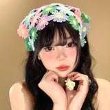 DAIIIBABYYY  -  Korean Version of Dopamine Handmade Crochet Knitted Headscarf Female Summer Sweet Seaside Vacation Tied Hair Triangular Headband