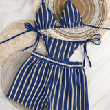 Daiiibabyyy  Stripe Mesh Three-piece Set Bikini Set Fashion Multiple Styles Multi-Color For Women's Sexy Backless Strap Triangle Cup Swimwear