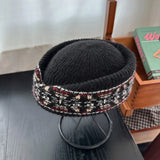 Daiiibabyyy  French Style Fair Isle Pattern Pillbox Hat Jacquard Elegant Fedora Hat Teardrop Fedoras Medicine Box Hat Masquerade Party
