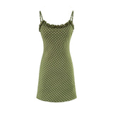 Daiiibabyyy  Vintage French Style ArmyGreen Polka Dot Print Wood ears O neck Sling Dress Women a-lined Short Dresses Femme Vestidos Robe