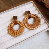 Daiiibabyyy  Vintage Brown Round Rattan Weave Earrings For Women Exaggerated Large Circle Geometric Earrings Jewelry Accessories