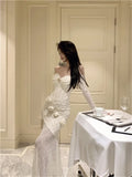 DAIIIBABYYY  -  French Fashion Off Shoulder 3d Flower Long Dress Strapless Long Sleeve Sexy Slash Neck Pencil Dress Elegant Evening Party Dress