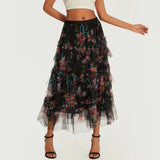 Daiiibabyyy  Early Fall Floral Print Ruffle Mesh Skirt Women Irregular Flowy A-line Midi Skirt for Travel, Beach, Shopping