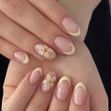 Daiiibabyyy  24Pcs French White Gradient Almond Press on Nails Flower Pattern False Nails with 3D Rhinestone Design Fake Nail Art