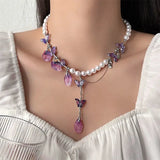 Daiiibabyyy  Purple Crystal Butterfly Acrylic Petal Tassel Pearl Necklace Women Light Luxury Choker Y2K Jewelry Gifts for Her