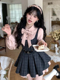 Daiiibabyyy  New Fashion Sweet Elegant Long Sleeve Dress Women Cute Bow Plaid Shirt Puffy Skirt Dresses Japanese Chic Korean Popular Clothes