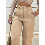 Daiiibabyyy  Officewear Pants Elegant Double Button Trousers Relaxed Commuting Straight Culottes Lightweight Pleated Flared Slacks