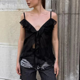 Daiiibabyyy  Women Sexy Stain Ruffled Strap Top Lady Chic Lace Up See Though Thin Short Shirt New Summer Vacation Daily Street Blouse