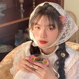 DAIIIBABYYY  -  Korean Lace Floral Hair Scarf female flower white sweet Triangle Scarf Summer Thin Breathable Travel Photo Headband head Scarf