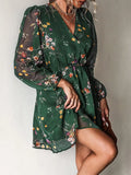 Daiiibabyyy Women's Floral Print Chiffon A-Line Mini Dress Long Peasant Sleeves Hot Selling Dress V-neck Elegant Printed Floral Perspective
