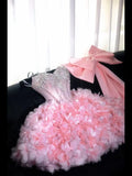 Daiiibabyyy  Pink Off-Shoulder Big Bow Short Ball Gown for Women Girl Elegant 3D Flowers Prom Evening Dress Sexy Mini Party Birthday Dresses